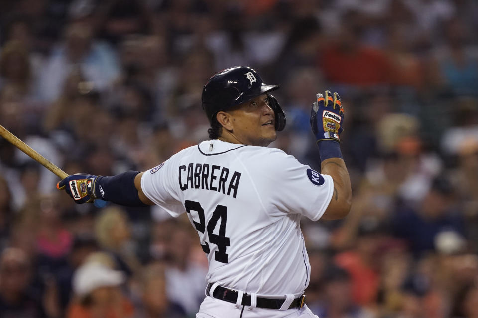 Detroit Tigers designated hitter Miguel Cabrera watches his RBI single to right during the seventh inning of a baseball game against the Tampa Bay Rays, Saturday, Aug. 6, 2022, in Detroit. (AP Photo/Carlos Osorio)