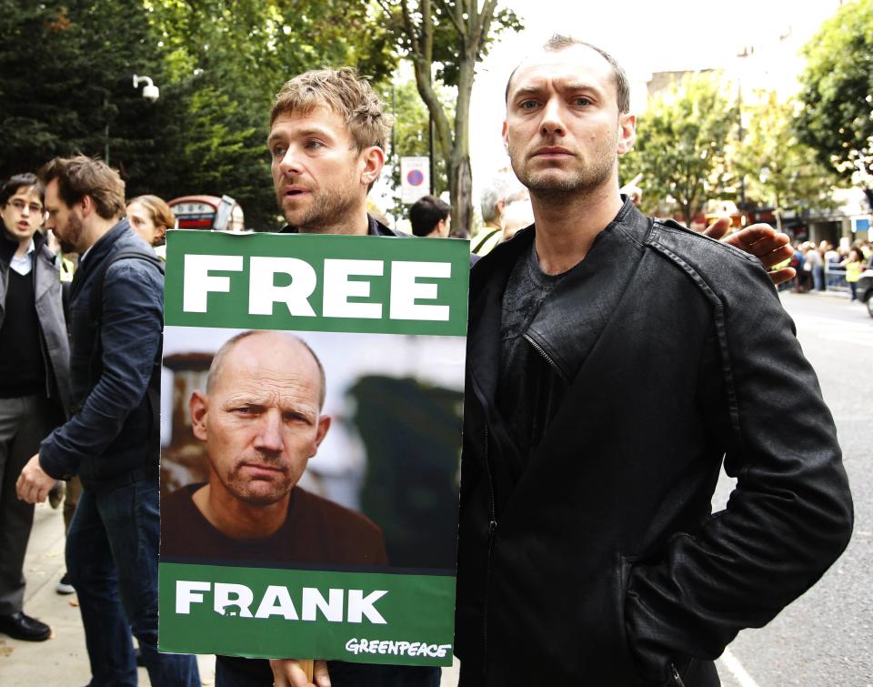 Musician Damon Albarn and actor Jude Law protest against the detention in Russia of Greenpeace activist Frank Hewitson, outside the Russian Embassy in London