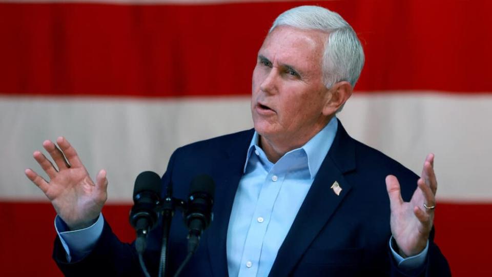 KENNESAW, GEORGIA – MAY 23: Former U.S. Vice President Mike Pence speaks at a campaign event for Georgia Gov. Brian Kemp at the Cobb County International Airport on May 23, 2022 in Kennesaw, Georgia. Kemp is running for reelection against former U.S. Sen. David Perdue in tomorrow’s Republican gubernatorial primary. (Photo by Joe Raedle/Getty Images)