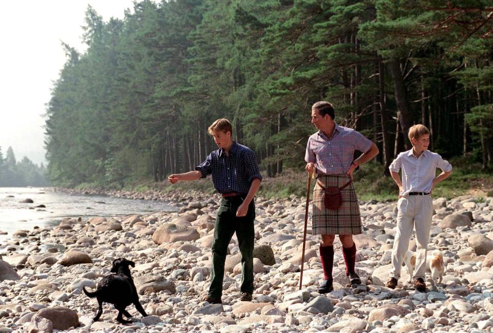 <p>Prince William, Prince Charles, and Prince Harry play with William's black lab Wigeon at Balmoral.</p>