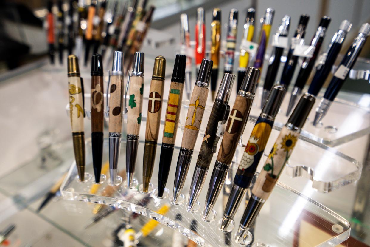Robert Beers' finished pens are seen for sale at Quill & Nib in Valley Junction.