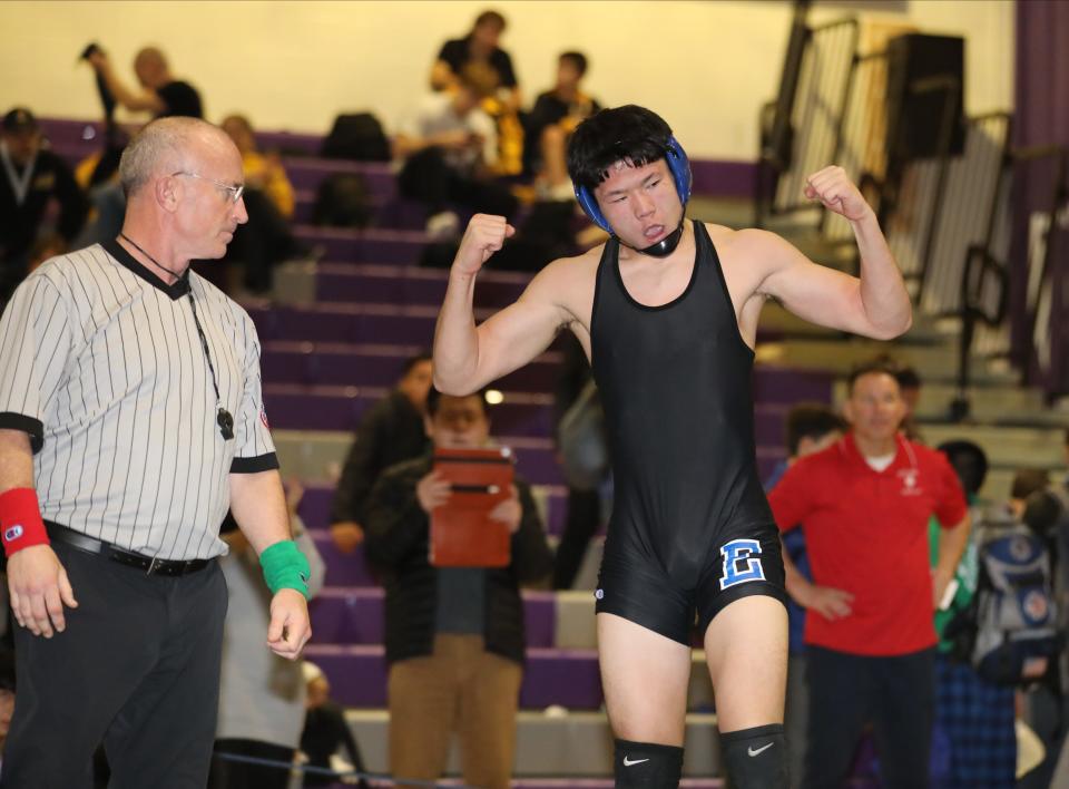 Kenny Saito from Edgemont defeated Mike Waters from MacArthur in the 170 pound weight class, during the 2024 Murphy-Guccione Shoreline Wrestling Classic at New Rochelle High School, Jan. 6, 2024.