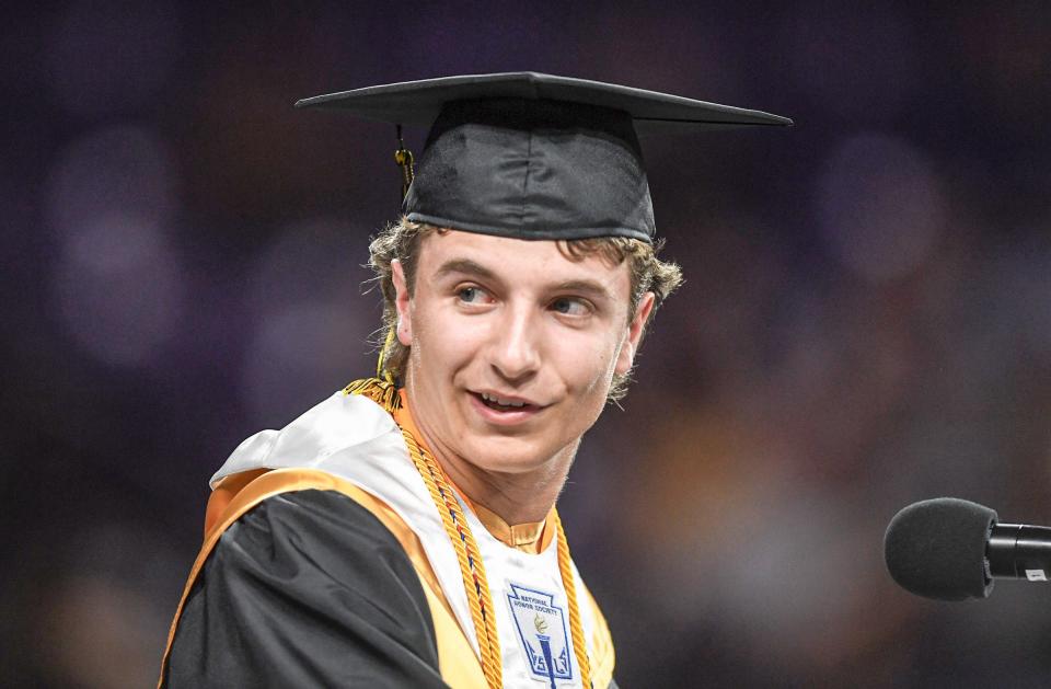 Salutatorian Jayden Asher Branson speaks during the 2024 ceremony for Pendleton High School in Littlejohn Coliseum in Clemson, S.C. Tuesday, May 21, 2024.