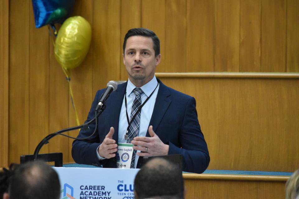 Jeremy Lugbill, superintendent of the Career Academy Network of Public Schools, speaks at a grand opening of the new Portage School of Leaders in downtown South Bend on Friday, Jan. 19, 2024.