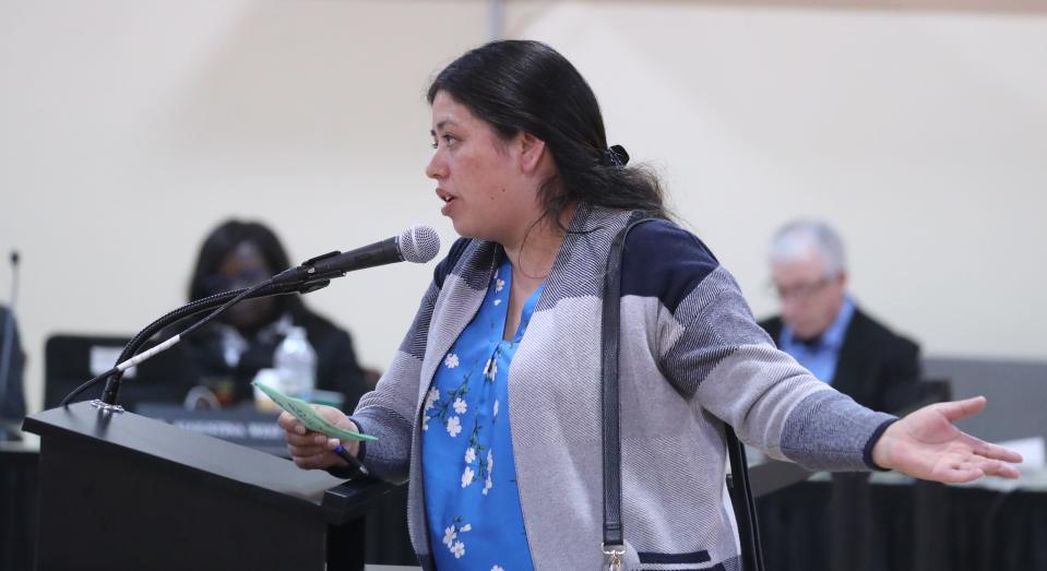 Mery Mora speaks to the board during a meeting of the East Ramapo School Board at the district administration building in Spring Valley May 2, 2023.