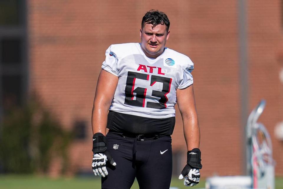 Jul 26, 2023; Flowery Branch, GA, USA; Atlanta Falcons guard Chris Lindstrom (63) on the field during the first day of training camp at IBM Performance Field. Mandatory Credit: Dale Zanine-USA TODAY Sports