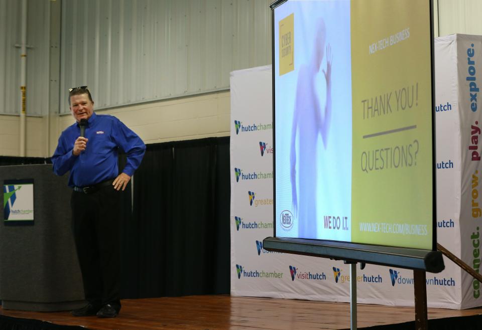 Brian Meder, with Nex-Tech, gives his talk, "Cybersecurity—Five Ways to Protect Your Business and Five Things to do if You’re Attacked" on the Expo Stage in the Sunflower North building during Friday's Ignite! Business Expo.