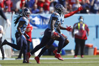 Tennessee Titans inside linebacker Rashaan Evans (54) celebrates after intercepting a pass against the Kansas City Chiefs in the first half of an NFL football game Sunday, Oct. 24, 2021, in Nashville, Tenn. (AP Photo/Wade Payne)