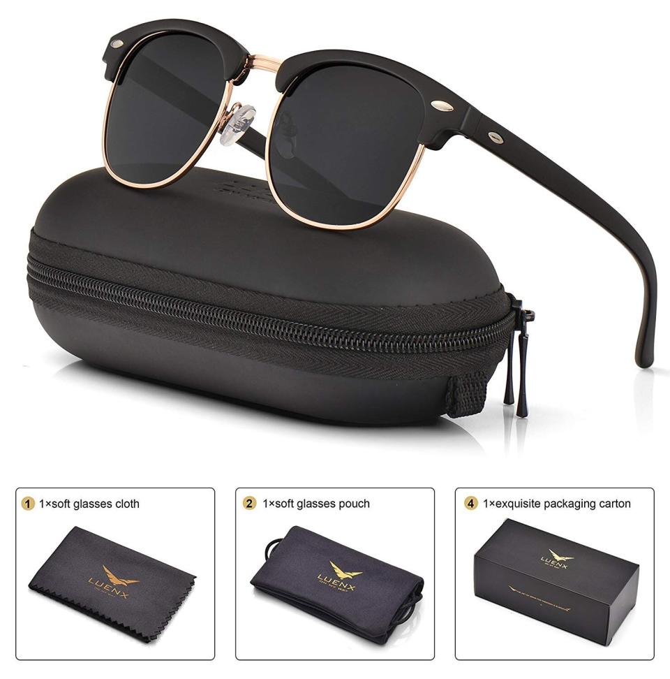 Mens Womens Clubmaster Polarized Sunglasses UV 400 Black Lenses Matte Black Frame 51MM,by LUENX with Case, $19 off coupon available now. (Photo: Amazon) 