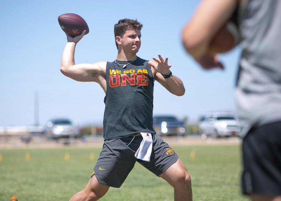 May 15, 2021; Chandler, AZ, USA; Iowa State's quarterback, Brock Prudy, runs through practice football drills during a private practice held by Dan Manucci at Tumbleweed Park in Chandler on May 15, 2021.