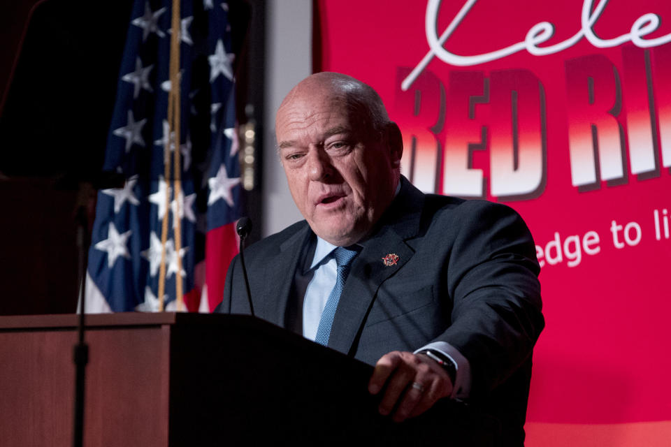 Actor Dean Norris, from the TV show "Breaking Bad" speaks at a Red Ribbon Rally at the Drug Enforcement Agency in Arlington, Va., Monday, Oct. 7, 2019.(AP Photo/Andrew Harnik)