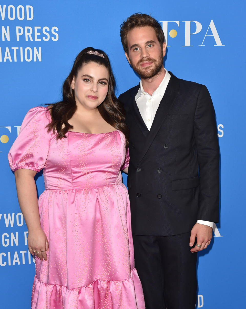 Closeup of Beanie Feldstein and Ben Platt