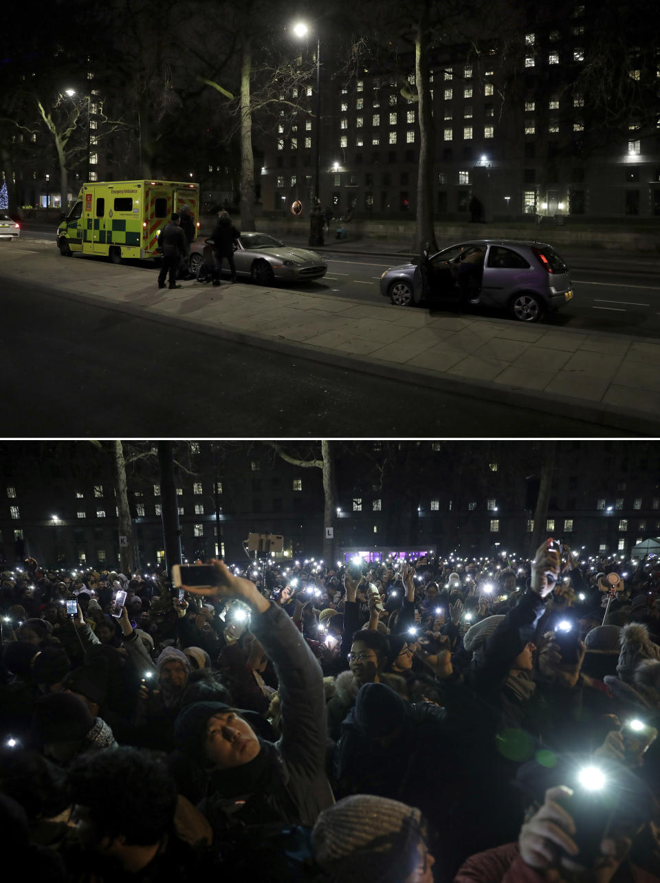 In this combo of image which shows at top, an ambulance and press photographers waiting on the otherwise empty street opposite the London Eye Ferris wheel in London, Thursday, Dec. 31, 2020, and in the bottom photo taken in the same place, people waiting to take photos of fireworks over the London Eye Ferris wheel, as midnight approaches, Tuesday, Dec. 31, 2019 .(AP Photo/Matt Dunham)
