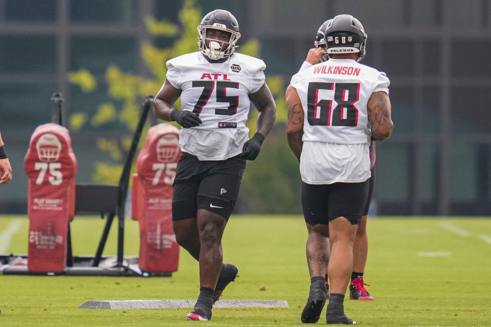 Jun 14, 2022; Flowery Branch, GA, USA; Atlanta Falcons offensive lineman Justin Shaffer (75) works on the field during Minicamp at the Falcons Training Complex. Mandatory Credit: Dale Zanine-USA TODAY Sports