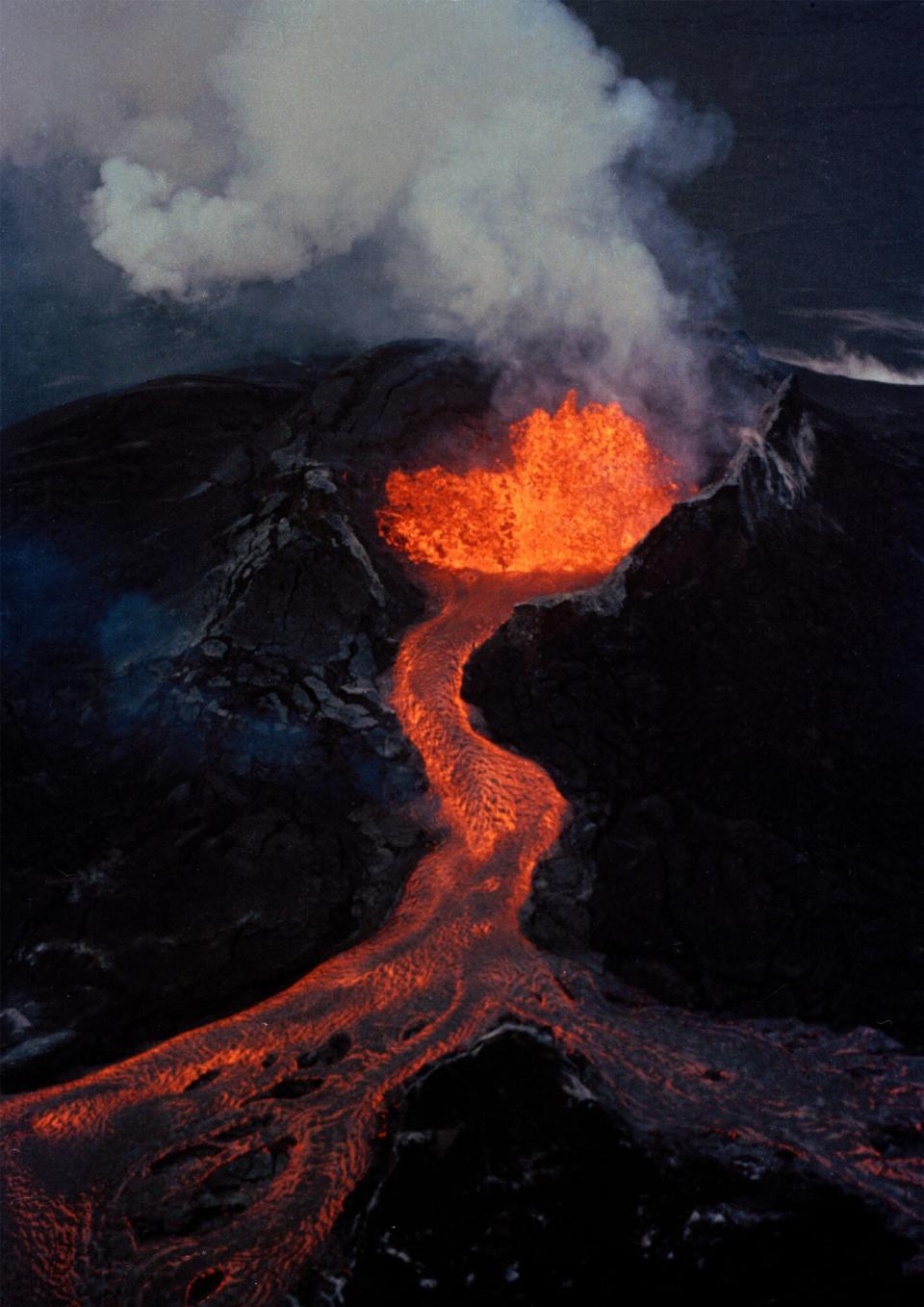 Lava flows downhill from the crater of Mauna Loa, on the island of Hawaii. The flow stretches more than 16 miles from the crater and reaches to within four miles of Hilo Mauna Loa 1984, United States - 05 Apr 1984