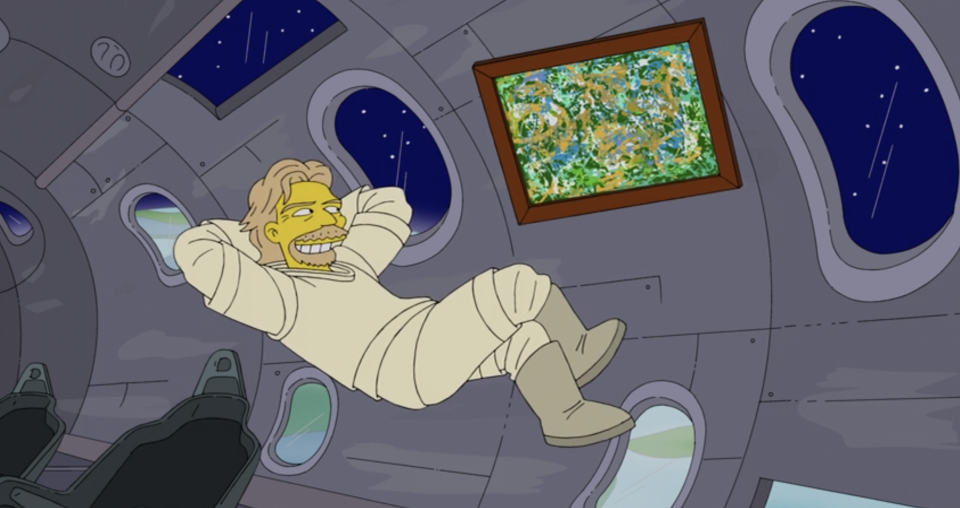 Richard Branson is seen floating in space in the S25 episode of The Simpsons 'The War of Art' (Disney)