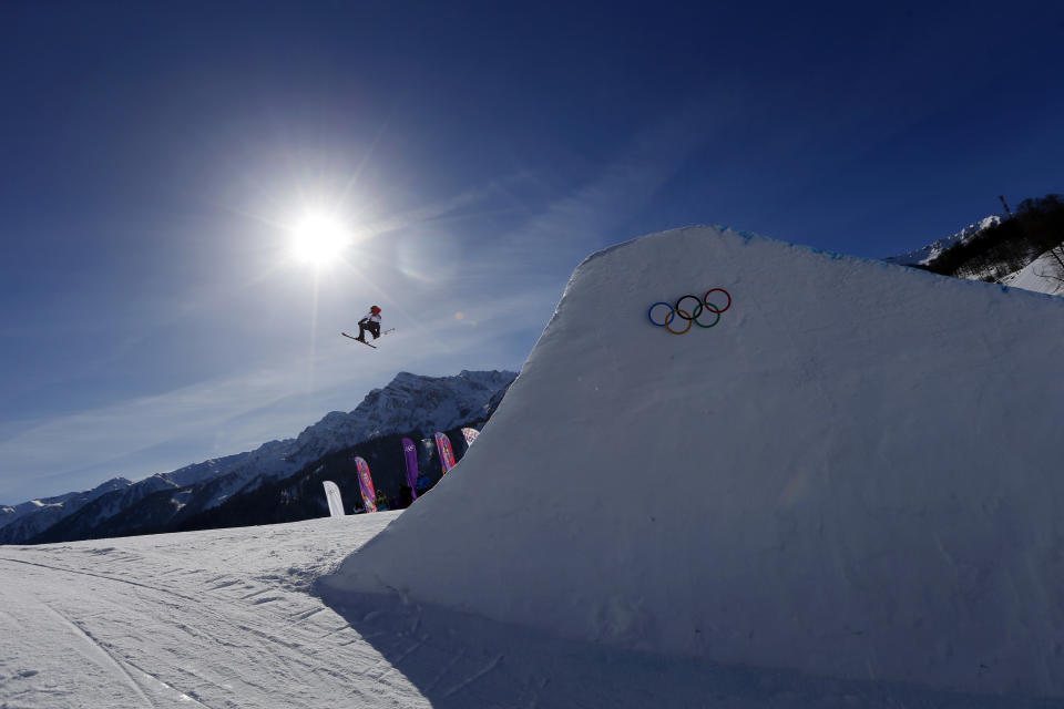 Britain's James Woods takes a jump during ski slopestyle training at the Rosa Khutor Extreme Park ahead of the 2014 Winter Olympics, Friday, Feb. 7, 2014, in Krasnaya Polyana, Russia. (AP Photo/Sergei Grits)