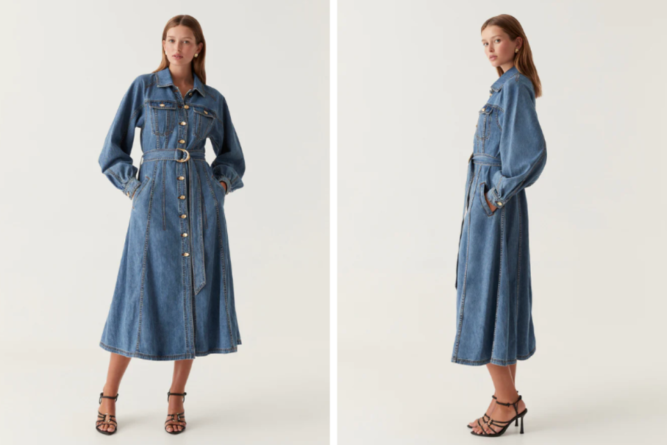 Two images of a woman modelling an AJE denim dress on a grey background