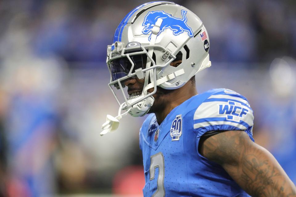 Lions safety C.J. Gardner-Johnson during warmups before the NFC wild-card game vs. the Rams at Ford Field on Sunday, Jan. 14, 2024.