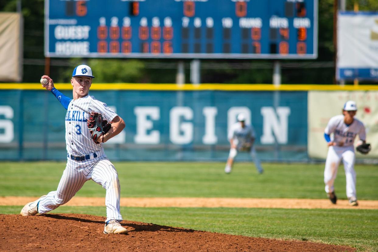 Wallkill's Kyle DeGroat pitches during the Class A Section 9 baseball championship at Cantine Field in Saugerties, NY on Saturday, May 27, 2023. Wallkill defeated Cornwall 7-0. KELLY MARSH/FOR THE TIMES HERALD-RECORD