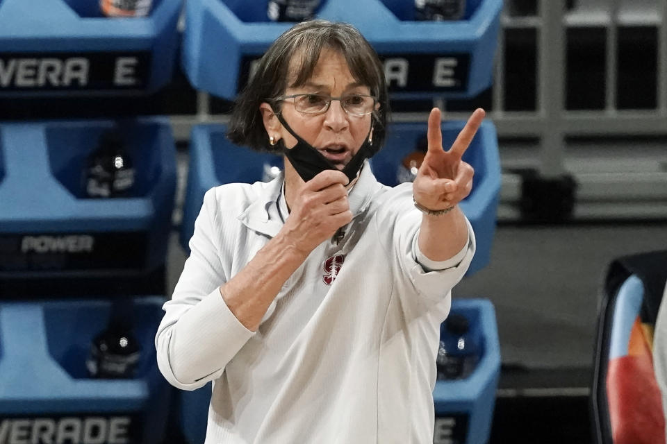FILE - In this April 4, 2021, file photo, Stanford head coach Tara VanDerveer directs her team during the first half of the championship game against Arizona in the women's Final Four NCAA college basketball tournament at the Alamodome in San Antonio. Coaches and players throughout the Pac-12 knew well before last season's NCAA Tournament they had one of the most talented conferences in the country. "Last year feels a little bit like a blur," Stanford coach Tara VanDerveer said. "But we got through a lot, and congratulations to the Pac-12 to have two teams in the championship game and six teams in the tournament. And we're going to be greedy, go for more next year." (AP Photo/Morry Gash, File)