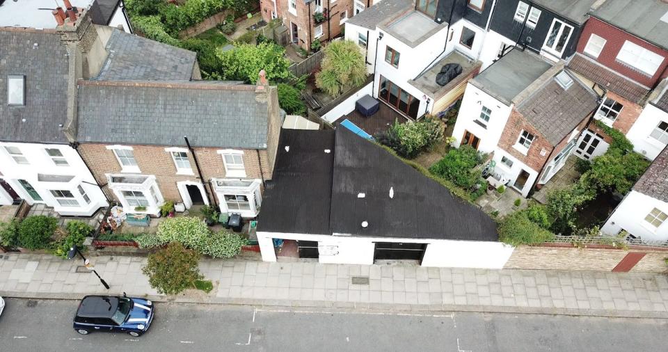 A bird's-eye view of the Triangle House prior to renovation.