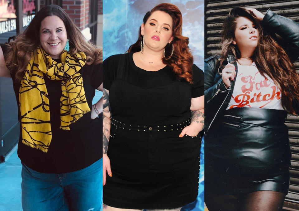 Three body-positive activists — from left, Whitney Way Thore, Tess Holliday, and Natalie Hage — were targeted by a cruel and aggressive troll in a recent message. (Photo: Instagram whitneywaythore/Getty Images/Instagram nataliemeansnice)