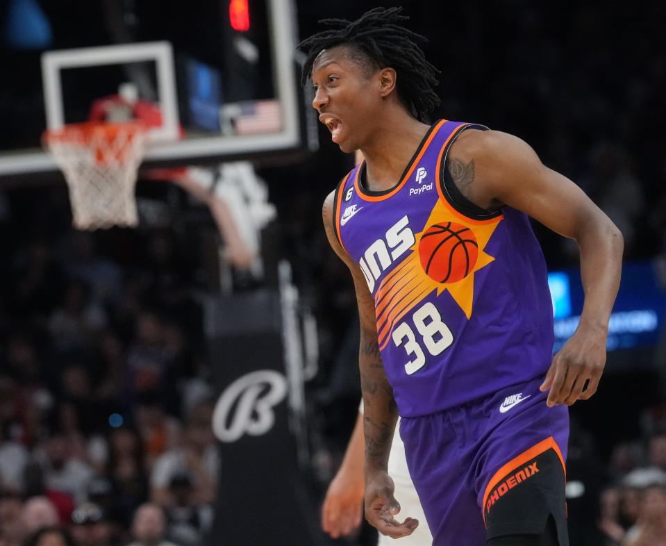 Phoenix Suns guard Saben Lee (38) yells out to his teammates after hitting a 3-pointer during a game against the Los Angeles Clippers on April 9, 2023, at Footprint Center in Phoenix.