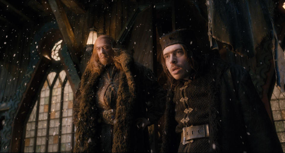 This image released by Warner Bros. Pictures shows Stephen Fry, left, and Ryan Gage in a scene from "The Hobbit: The Desolation of Smaug." (AP Photo/Warner Bros. Pictures)