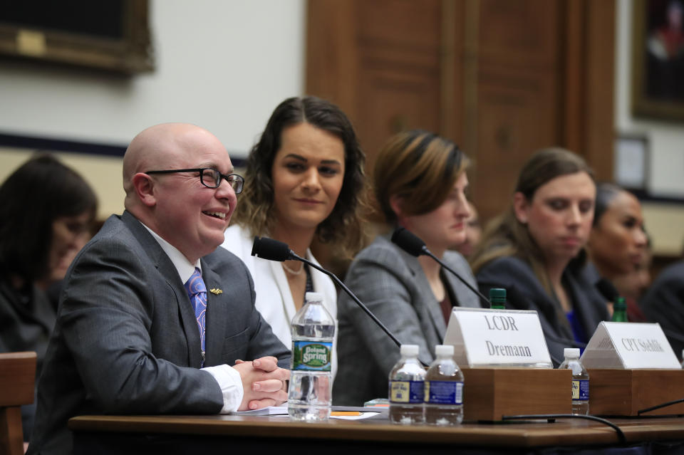From left, Navy Lt. Cmdr. Blake Dremann, together with other transgender military members, Army Capt. Alivia Stehlik, Army Capt. Jennifer Peace, Army Staff Sgt. Patricia King and Navy Petty Officer Third Class Akira Wyatt, testify about their military service before a House Armed Services Subcommittee on Military Personnel hearing on Capitol Hill in Washington, Wednesday, Feb. 27, 2019, as the Trump administration pushes to ban them. (AP Photo/Manuel Balce Ceneta)