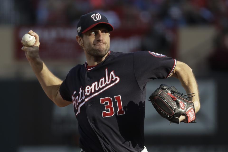 Washington Nationals starting pitcher Max Scherzer during the fourth inning of Game 2 of the baseball National League Championship Series against the St. Louis Cardinals Saturday, Oct. 12, 2019, in St. Louis. (AP Photo/Mark Humphrey)