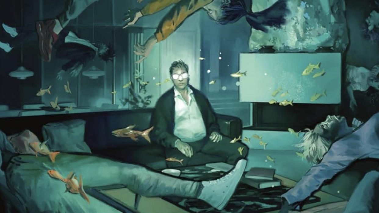  Walter sitting in a living room full of water, with fish and human characters floating around on the cover to The Nice House on the Lake Vol. 2. 