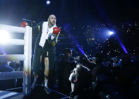 Boxing - Wladimir Klitschko v Tyson Fury WBA, IBF & WBO Heavyweight Title's - Esprit Arena, Dusseldorf, Germany - 28/11/15 Tyson Fury gestures to fans as he enters the ring before the start of the fight Action Images via Reuters / Lee Smith