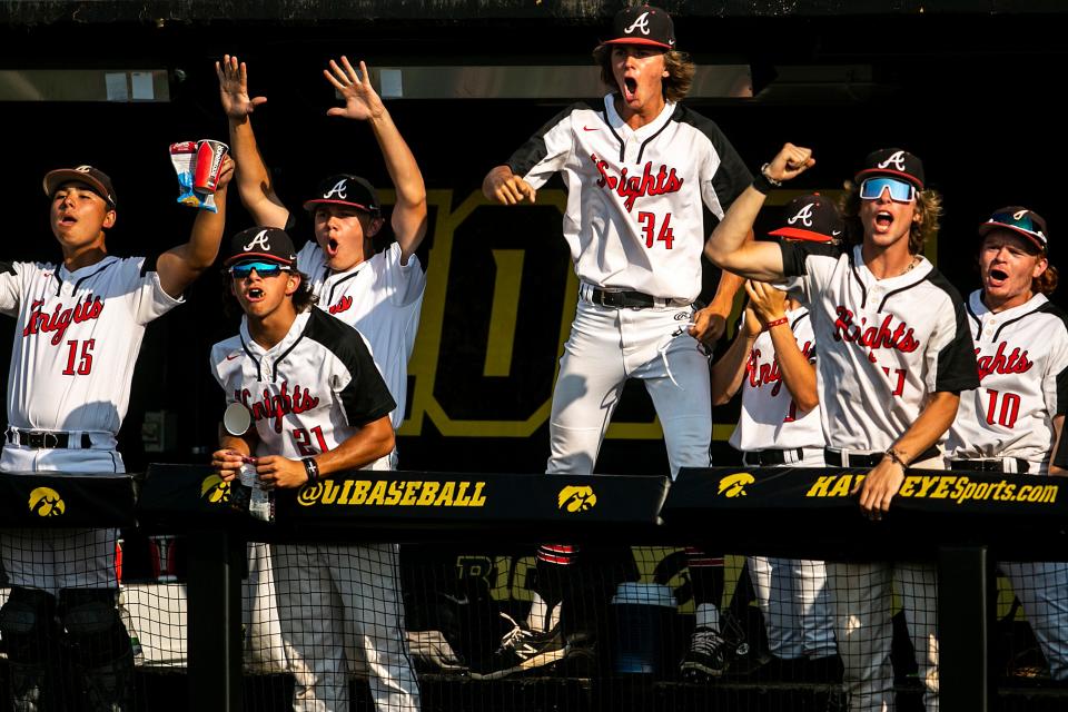 Davenport Assumption players react during a Class 3A high school semifinal state baseball game against Independence, Wednesday, July 20, 2022, at Duane Banks Field in Iowa City, Iowa. The Knights beat the Mustangs, 13-3, and advance to the championship final on Friday.