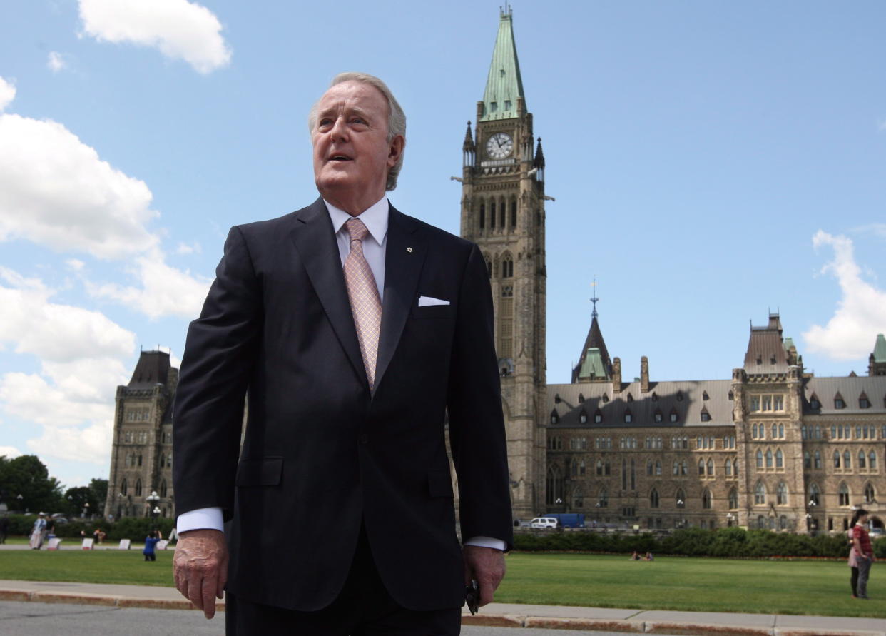 Former prime minister Brian Mulroney leaves Parliament Hill Wednesday, June 6, 2012. Former prime minister Brian Mulroney is dead at 84. His family announced late Thursday that the former Tory leader died peacefully, surrounded by loved ones.THE CANADIAN PRESS/Adrian Wyld