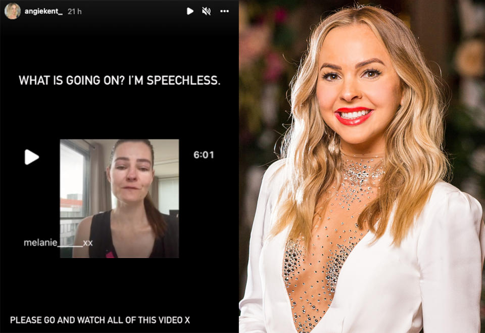 A screenshot of Melanie Swieconek's video and a photo of Angie Kent on The Bachelorette. Photo: Instagram.