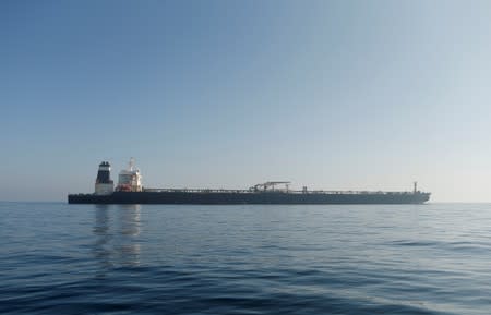 Iranian oil tanker Grace 1 sits anchored after it was seized in July by British Royal Marines off the coast of the British Mediterranean territory, in the Strait of Gibraltar