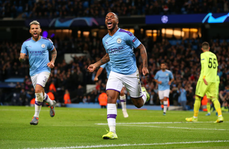 MANCHESTER, ENGLAND - OCTOBER 01:  Raheem Sterling of Manchester City celebrates after scoring the opening goal during the UEFA Champions League group C match between Manchester City and Dinamo Zagreb at Etihad Stadium on October 01, 2019 in Manchester, United Kingdom. (Photo by Alex Livesey - Danehouse/Getty Images)