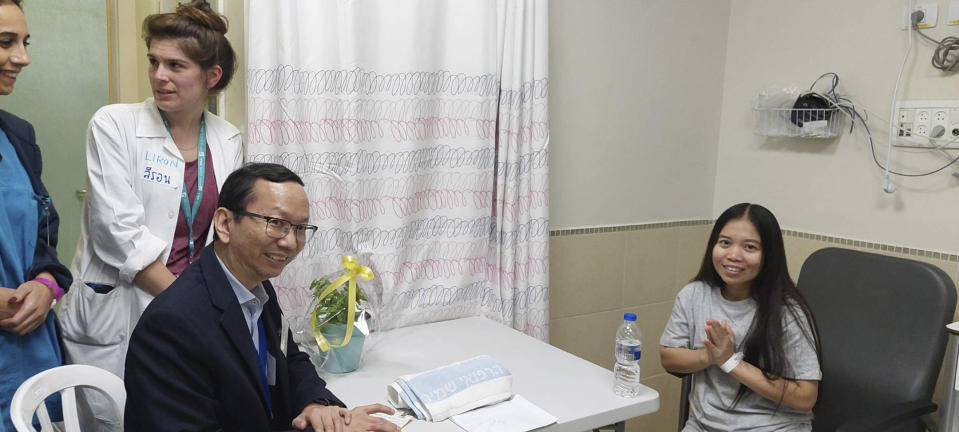 This photo provided by Thailand's Foreign Ministry shows a woman, right, one of freed Thai hostages, at the Shamir Medical Center in Israel Friday, Nov. 24, 2023. Hamas freed 10 Thai nationals seized in the group’s surprise attack on southern Israel last month, releasing them alongside Israeli hostages who were part of the first swap under a new cease-fire deal. (Thailand's Foreign Ministry via AP )