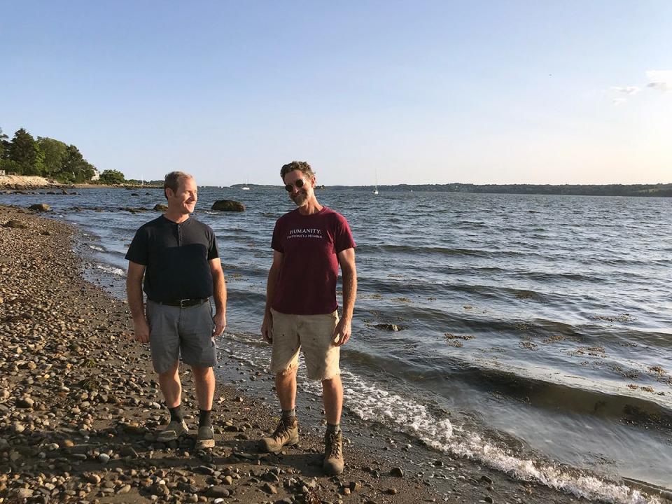 Brothers John and Patrick Bowen, of Little Compton, stand near the spot on Tiverton's Sapowet Cove where they hope to put their oyster farm.