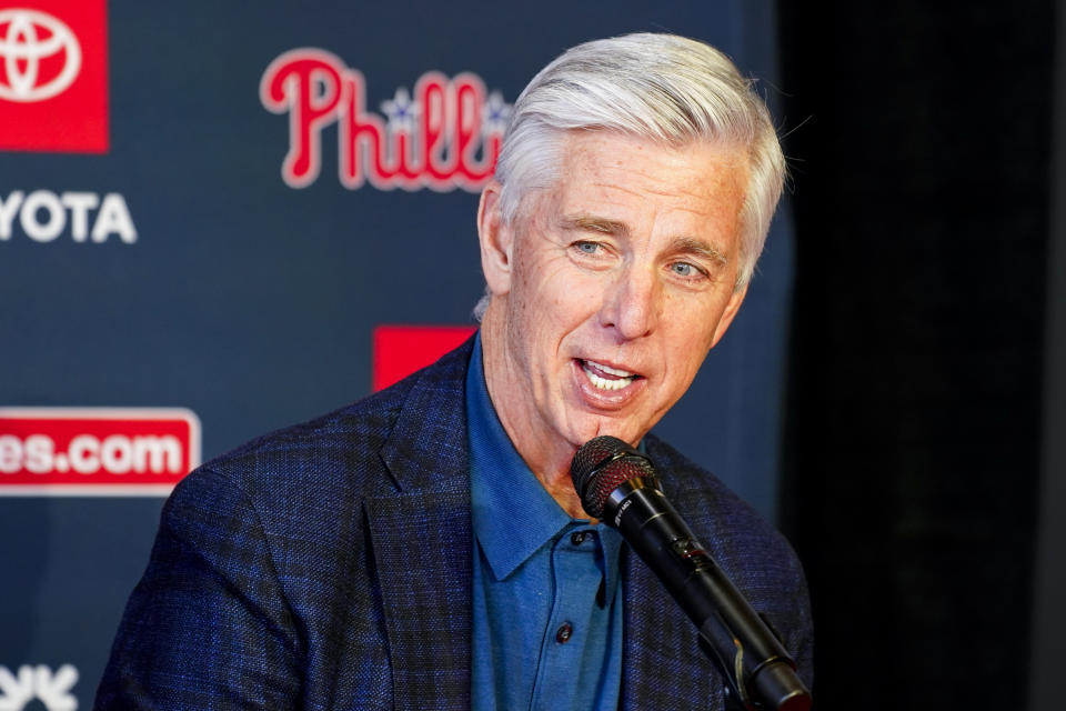 Philadelphia Phillies baseball team President of Baseball Operations David Dombrowski takes questions from the media after signing Aaron Nola to a new seven-year contract, Monday, Nov. 20, 2023, in Philadelphia. (AP Photo/Chris Szagola)