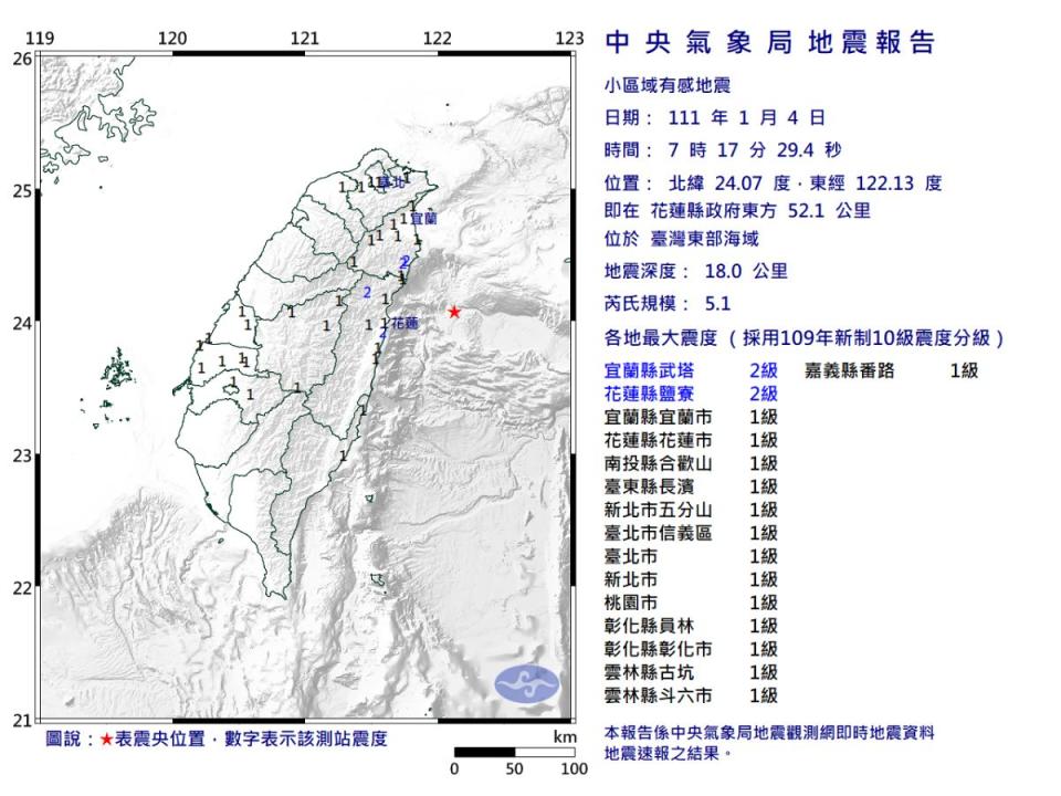 ▲今（4）早7點17分在花蓮縣政府外海東方52.1公里處，發生芮氏規模5.1的地震。（圖／中央氣象局）