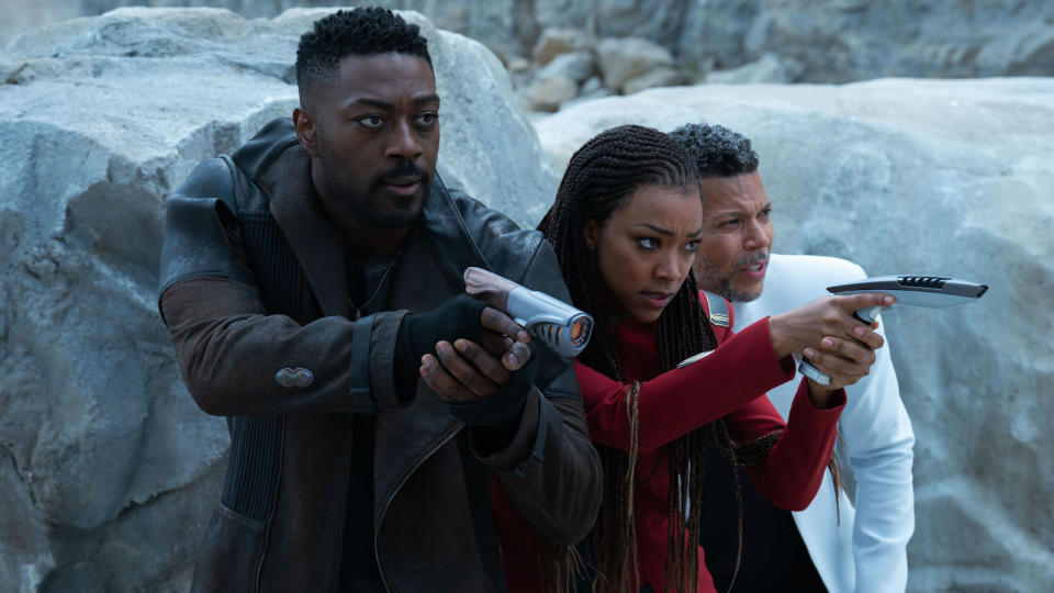 L-R David Ajala as Book, Sonequa Martin-Green as Burnham and Wilson Cruz as Culber in Star Trek: Discovery, season 5, streaming on Paramount+, 2023. Photo Credit: Marni Grossman /Paramount+