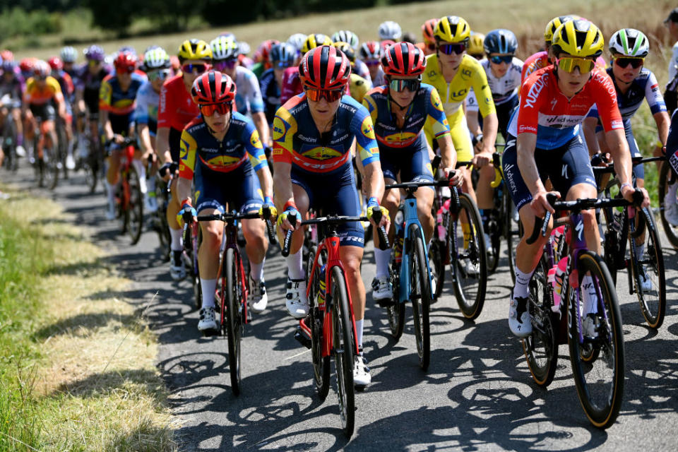 BLAGNAC FRANCE  JULY 28 LR Amanda Spratt of Australia Lauretta Hanson of Australia Elizabeth Deignan of The United Kingdom and Team  Lidl  Trek Lotte Kopecky of Belgium  Yellow leader jersey and Christine Majerus of Luxembourg and Team SD Worx  Protime compete during the 2nd Tour de France Femmes 2023 Stage 6 a 1221km stage from Albi to Blagnac  UCIWWT  on July 28 2023 in Blagnac France Photo by Tim de WaeleGetty Images