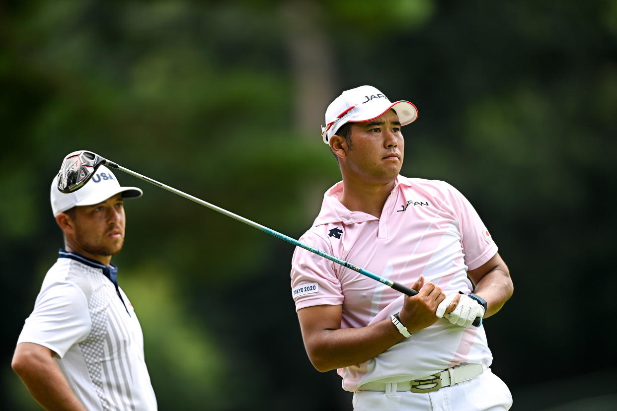 Saitama , Japan - 31 July 2021; Hideki Matsuyama of Japan, right, and Xander Schauffele of USA on the sixth tee box during round 3 of the men's individual stroke play at the Kasumigaseki Country Club during the 2020 Tokyo Summer Olympic Games in Kawagoe, Saitama, Japan. (Photo By Ramsey Cardy/Sportsfile via Getty Images)