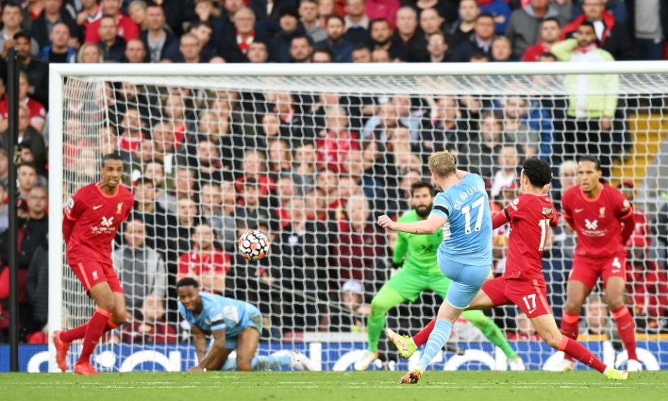 Kevin De Bruyne scores the equaliser for Manchester City at Anfield in October.