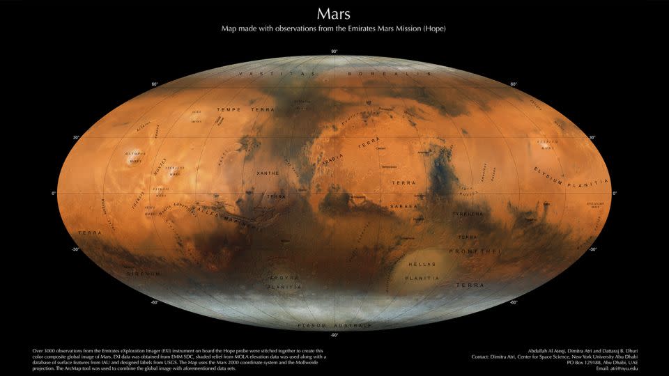 This map of Mars, created by researchers at New York University Abu Dhabi, uses color photographs of the entire planet. - EMM/EXI/Dimitra Atri/NYU Abu Dhabi Center for Astrophysics and Space Science