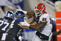 FILE -Kentucky tight end Josh Kattus (84) blocks Georgia defensive lineman Jalen Carter (88) during the second half of an NCAA college football game in Lexington, Ky., Saturday, Nov. 19, 2022. Jalen Carter was selected to The Associated Press All-America team released Monday, Dec. 12, 2022. (AP Photo/Michael Clubb, File)