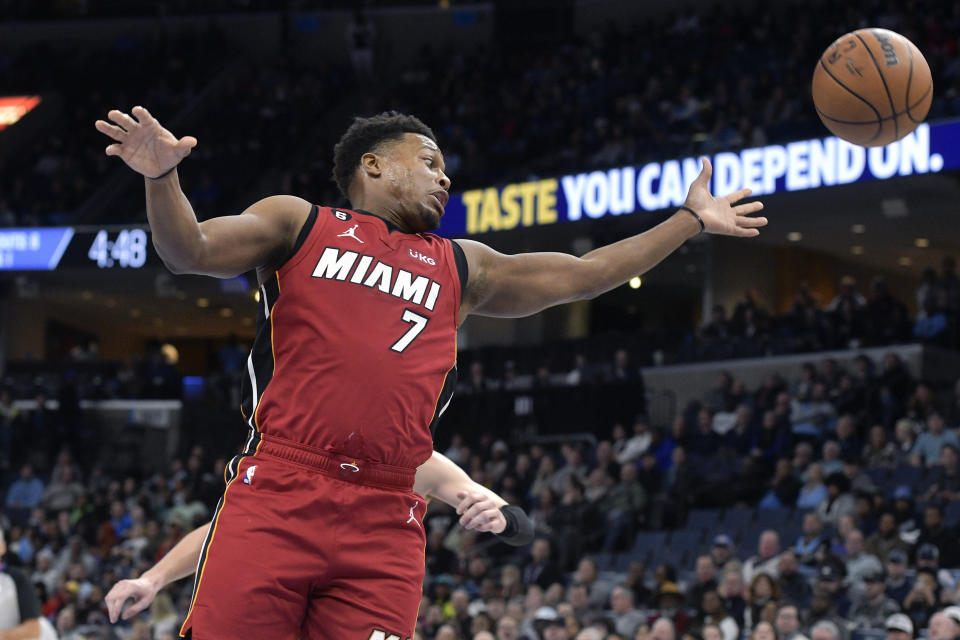 Miami Heat guard Kyle Lowry (7) loses control of the ball in the first half of an NBA basketball game against the Memphis Grizzlies, Monday, Dec. 5, 2022, in Memphis, Tenn. (AP Photo/Brandon Dill)