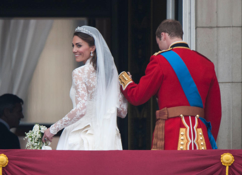 TRH Catherine, Duchess of Cambridge and Prince William, Duke of Cambridge on the balcony at Buckingham Palace, following their wedding at Westminster Abbey on April 29, 2011 in London, England.     (Photo by Mark Cuthbert/UK Press via Getty Images)